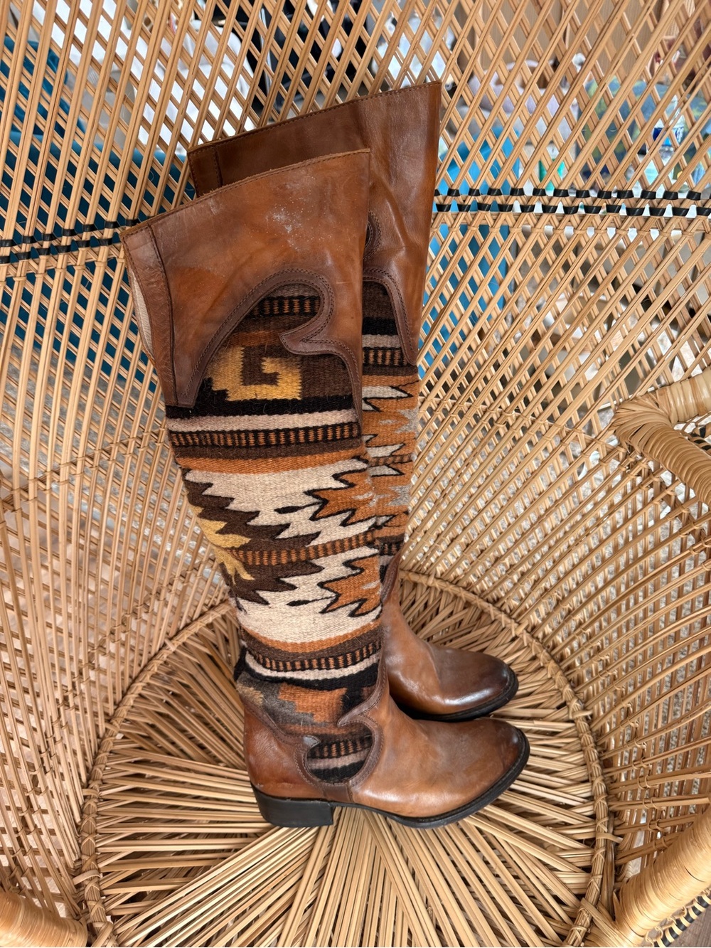 Freebies Brown Leather & Aztec Knit Over-the-Knee Boots
